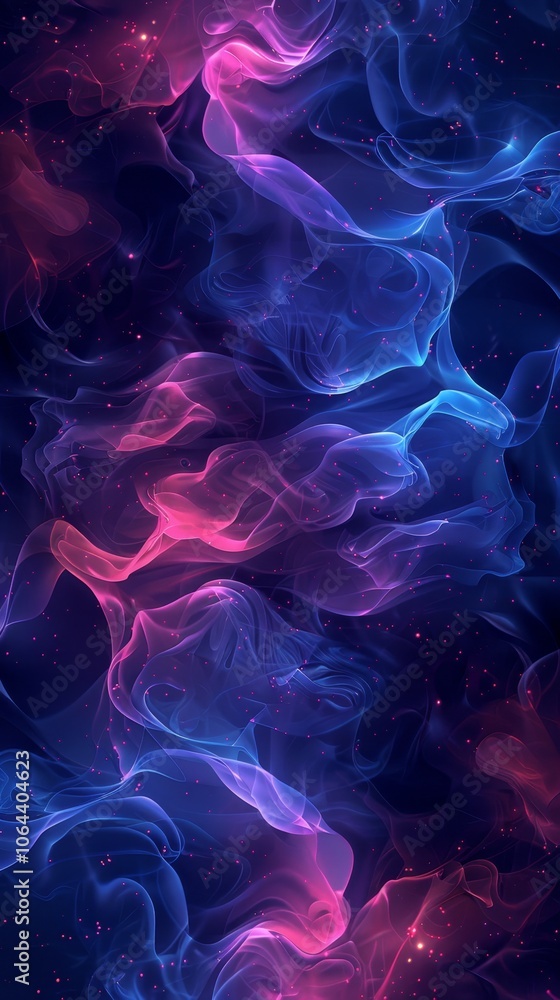 Poster a vibrant 3d render of chaotic neon waves undulating in a dark cosmic background featuring a blend o