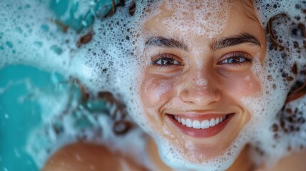 Woman Relaxing in Bath with White Foam Dripping on Her Face Spa and Relaxation Concept Photo