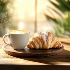 A warm cup of coffee with a delicious croissant, perfect for breakfast in a cozy cafe setting with natural light.