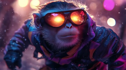 A funky monkey doing burpees, jumping up with glowing neon fur and a bright gym outfit.