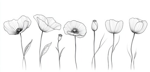 Continuous one line flower set in outline style for wedding and spring concepts with botanical floral elements.