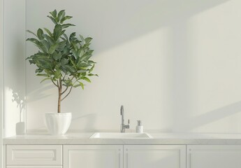 A minimalist kitchen sink with a plant and sunlight streaming through the window