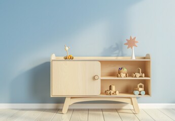A minimalist wooden shelf with toys and a plant against a light blue wall, with a shadow of a plant on the wall