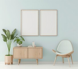 A minimalist living room interior with a wooden cabinet, armchair, two framed posters and a houseplant