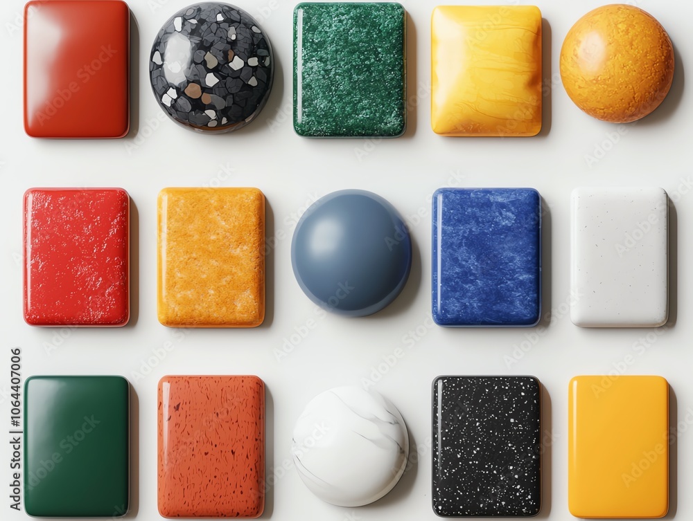Aufkleber a collection of colorful geometric shapes including squares and circles, displayed on a white isolat