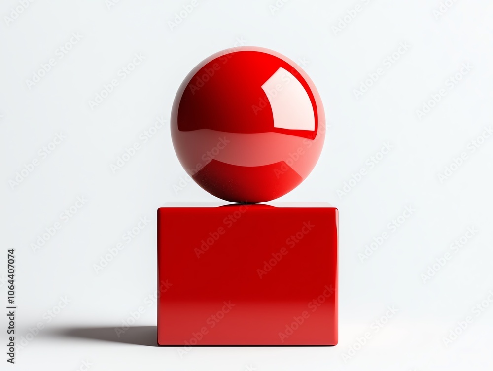 Poster A shiny red sphere resting on a smooth red cube, both featured against a clean white background, highlighting their vibrant colors and geometric shapes for design use.