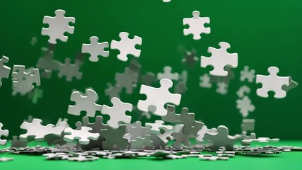 Colorful jigsaw puzzle pieces falling on a green screen, perfect for blending footage in creative projects