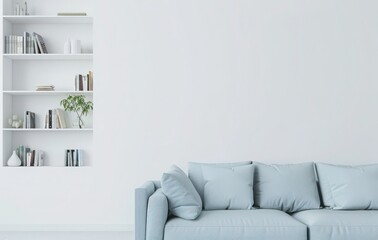 A minimalist living room with a light blue sofa, two bookshelves filled with books, a large empty wall, and white wood floors