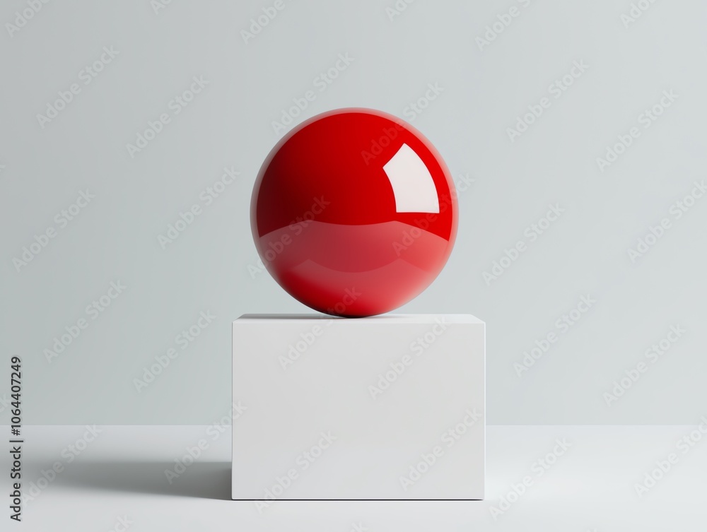 Aufkleber a glossy red sphere resting on a white cube against a minimalist background, showcasing modern desig
