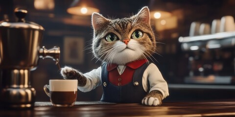 This playful feline showcases its barista skills in a delightful portrait.