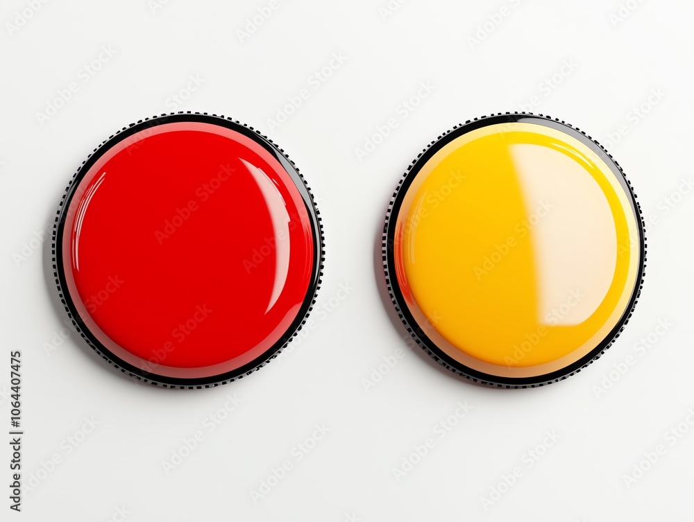 Fototapete two colorful buttons, red and yellow, with a shiny surface placed on a white isolated background, pe