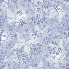 Vector seamless delicate christmas silvery pattern with snowflakes and flying butterflies