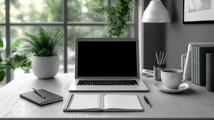 A home office desk with a sleek laptop, pen, notebook, and coffee cup.