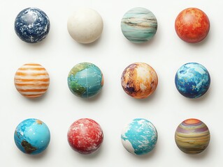 Twelve colorful planet replicas displayed in a grid, showcasing the diverse textures and colors of celestial bodies on a white isolated background.