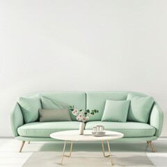 Minimalist living room interior with a green sofa, two round coffee tables, and a blank frame on the wall