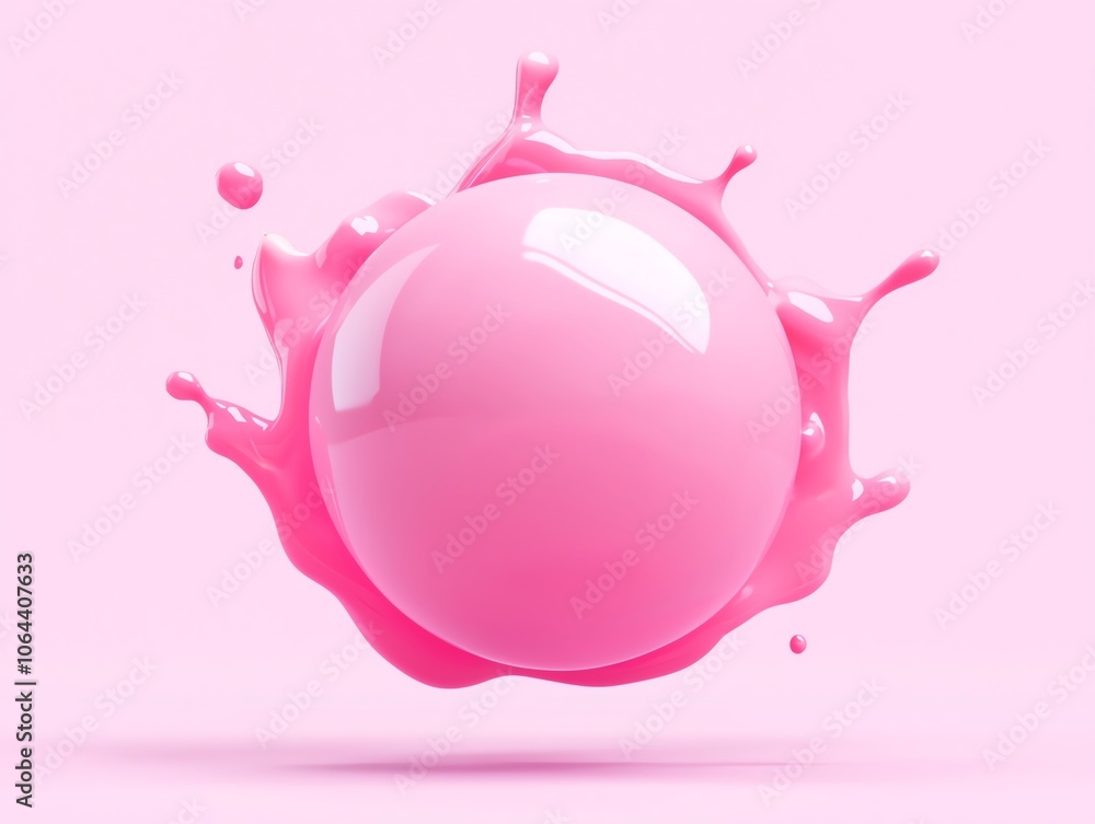 Poster A vibrant pink sphere surrounded by a splash of pink liquid, creating a dynamic and playful visual effect on a soft pink background.