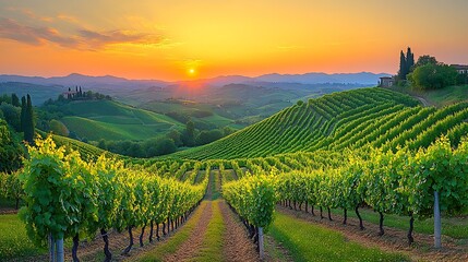 Naklejka premium A picturesque vineyard landscape with rolling hills and vineyards at sunset.