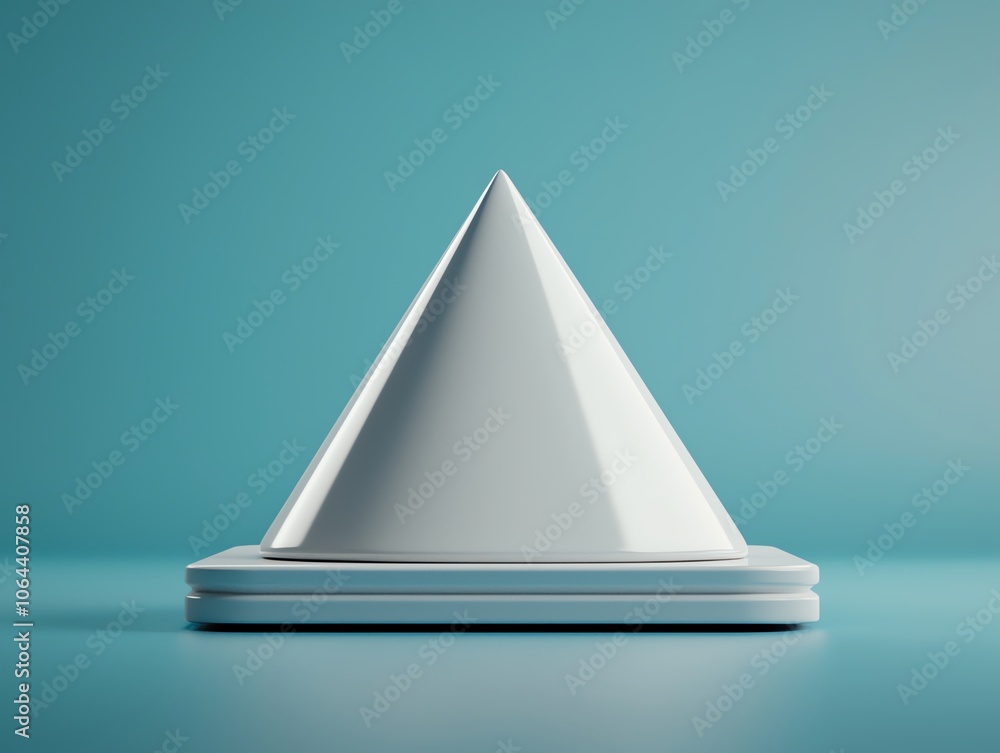 Poster A minimalist design featuring a white cone-shaped object resting on a square base against a solid blue background. Ideal for showcasing modern art and geometric shapes.