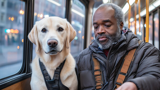 Man and labrador companion on city bus journey