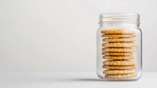 bote de cristal lleno de galletas de avena, con espacio en blanco 