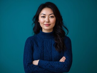 Fototapeta premium A woman in a blue sweater with her arms crossed