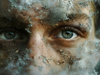 Intense Gaze: A Close-Up Portrait of a Face Covered in Dust and Dirt