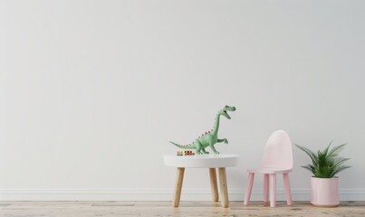 A white minimalist nursery with a pink armchair, a round table, a green dinosaur toy, and a white cabinet with wooden toys