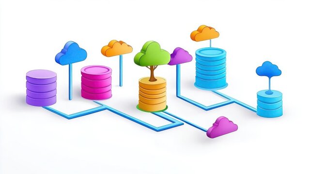 Simple relational database flat design side view IT theme watercolor