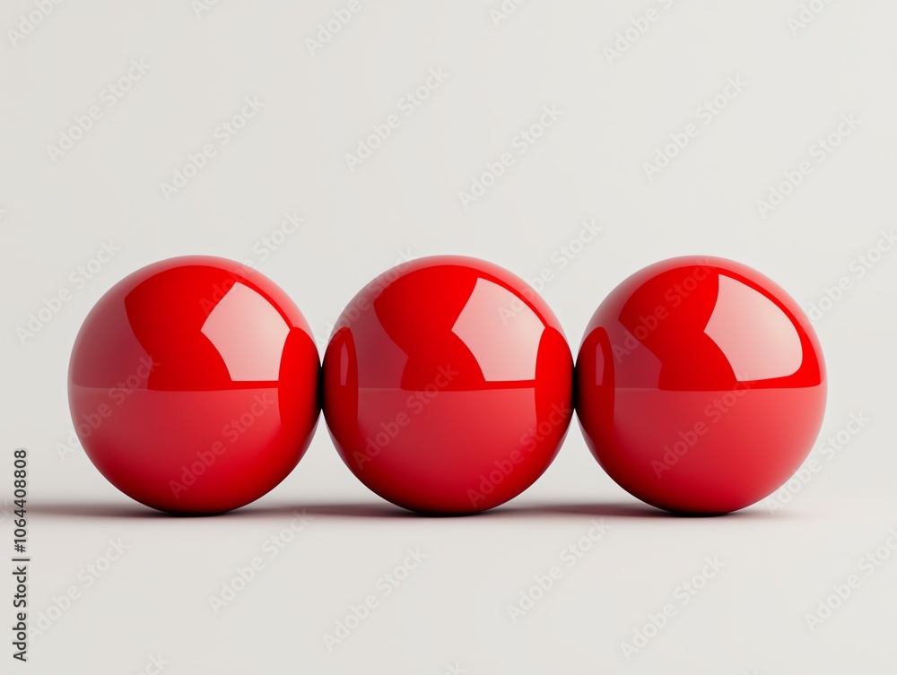 Poster Three glossy red spheres arranged in a row, casting soft reflections on a smooth surface, ideal for use in modern design and abstract concepts.