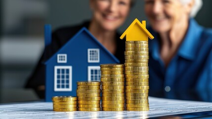 Senior Couple Smiling with Home and Coins Background