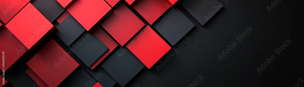 Poster explore the dynamic interaction of red and black geometric shapes in modern graphic design