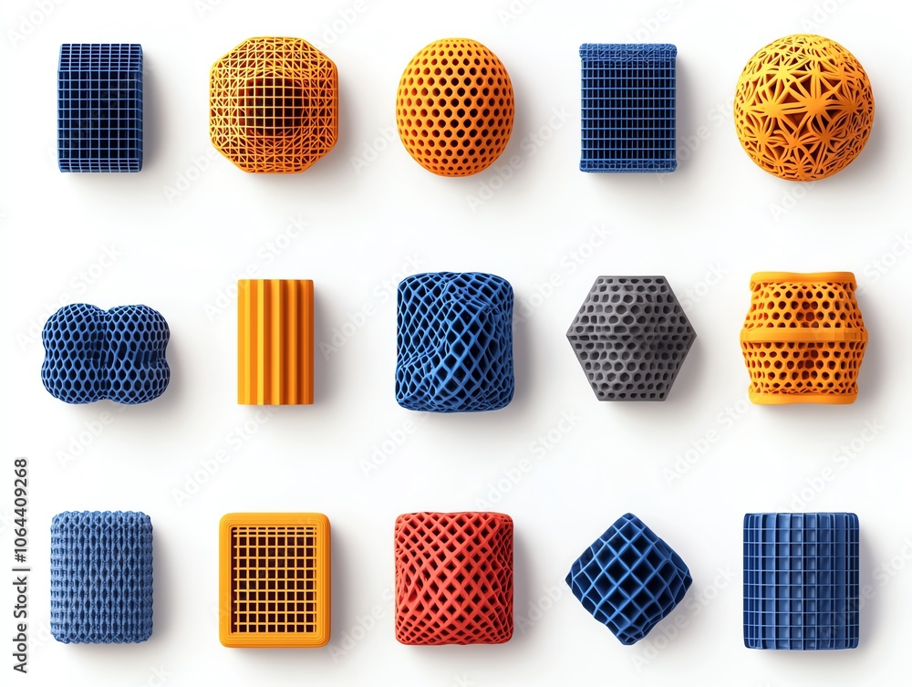 Aufkleber A collection of colorful 3D geometric shapes displayed on a white background, showcasing intricate designs and patterns in various forms.
