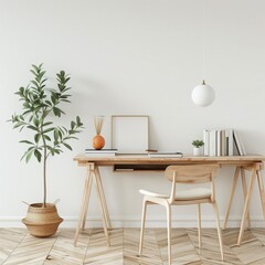 Minimalist home office with a wooden desk, an orange chair, a potted plant, and a pendant lamp
