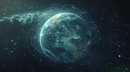 Digitally rendered planet Earth in space surrounded by swirling particles and cosmic light