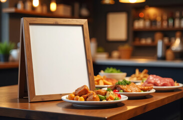 wooden table with white advertising sign and several plates with meat dishes in bowls