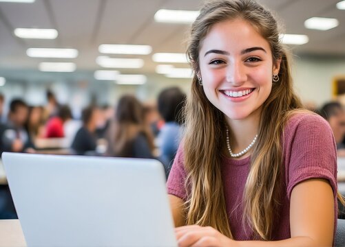 A smiling young woman sitting at a table with a laptop computer