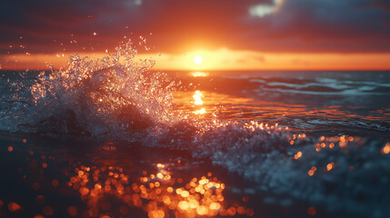 Fototapeta premium Golden sunset over the ocean with waves splashing and reflecting warm sunlight