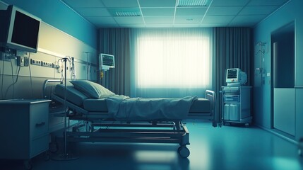 Hospital bed, IV drip and medical equipment in vacant hospital room