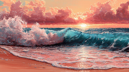 Naklejka premium Golden sunset over the ocean with waves splashing and reflecting warm sunlight