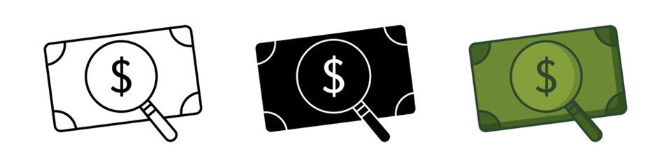 collection of money search icons, dollar symbol and magnifying glass. trendy and modern design