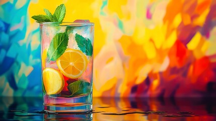 A refreshing glass of iced tea with lemon slices and mint sprigs, with condensation on the glass and ice cubes floating.