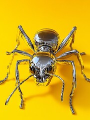 Fototapeta premium A silver ant on a yellow background