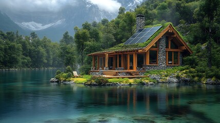 Naklejka premium A modern, sustainable cabin with a green roof sits on a small island in a serene mountain lake.