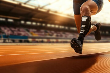 An athlete runs vigorously on a track, showcasing determination and skill with a prosthetic leg in a stadium setting. Generative AI