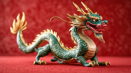 Fototapeta premium Colorful Dragon Figurine on Red Background