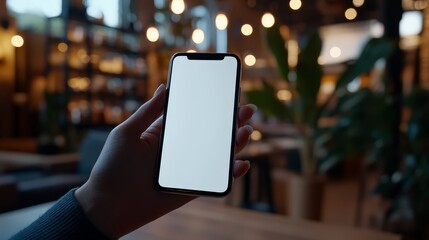 Space for promotional text on a smartphone in a café environment.