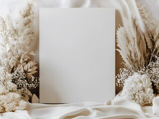 Blank Canvas with Dried Flowers: A minimalist mockup featuring a blank canvas against a backdrop of dried flowers, perfect for showcasing your artwork, designs, or quotes.  