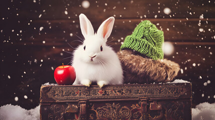 A cute white bunny sits on an antique chest with a red apple and a green hat, surrounded by snowflakes in a cozy, festive setting.