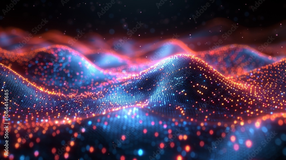 Poster experience the vibrant chaos of a 3d-rendered big neon wave background featuring glowing particles a