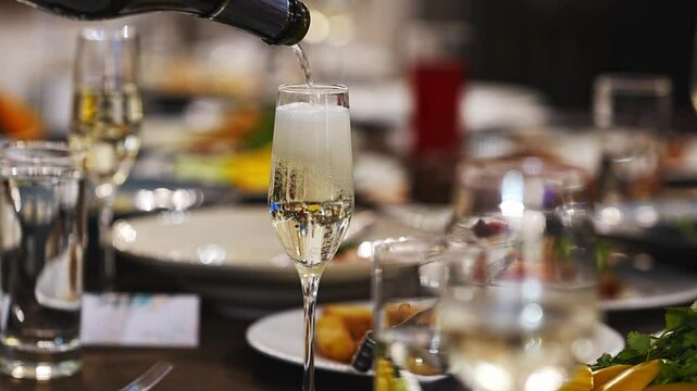 Champagne is poured into a glass from a bottle on the banquet table. A traditional festive alcoholic beverage.